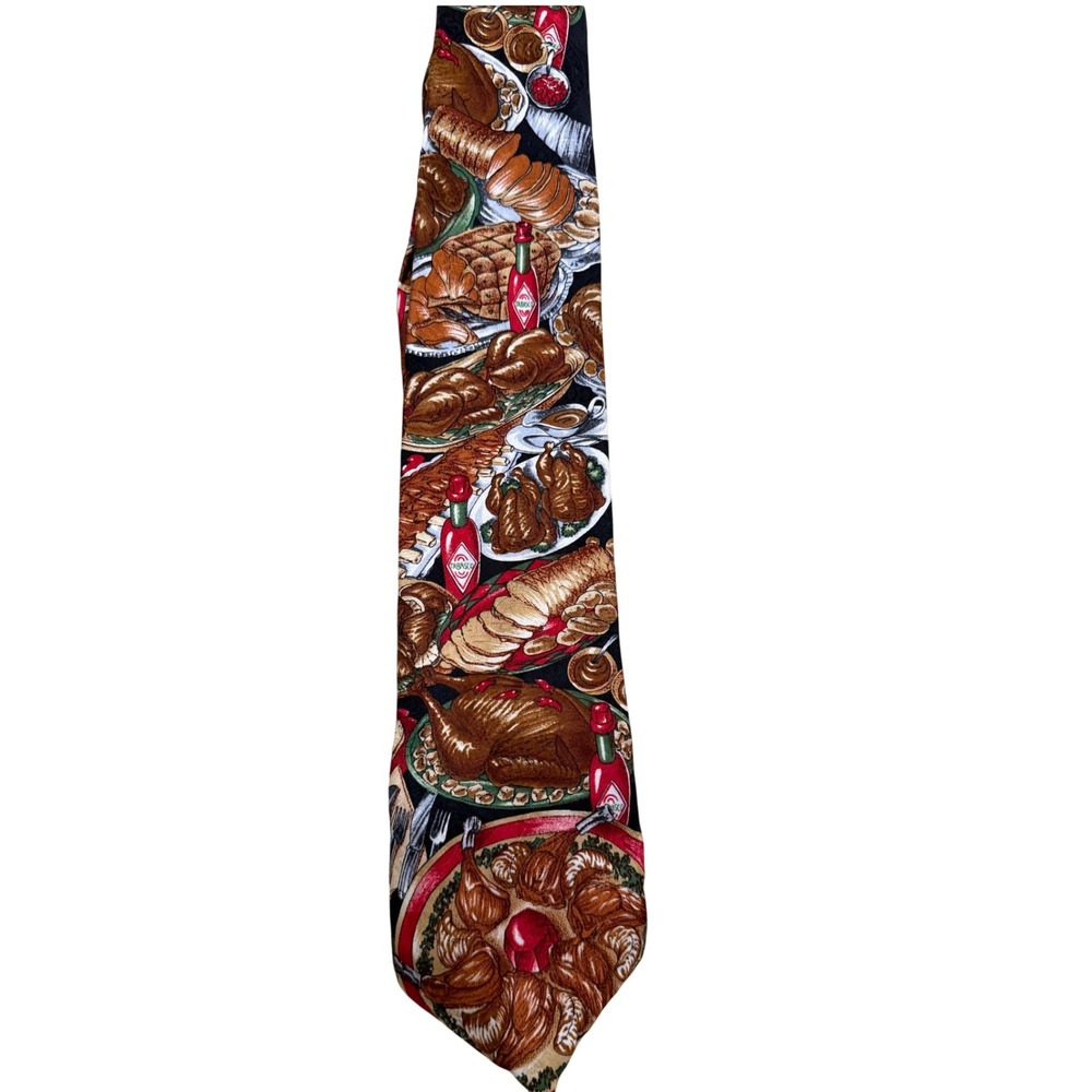 Tabasco Mens Silk Tie Thanksgiving Christmas Holiday Feast Turkey Ham Food Print